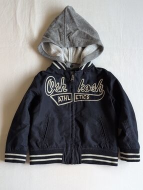 OshKosh Boys Athletic Varsity Bomber Jacket Removable Hood Navy Fleece 3T